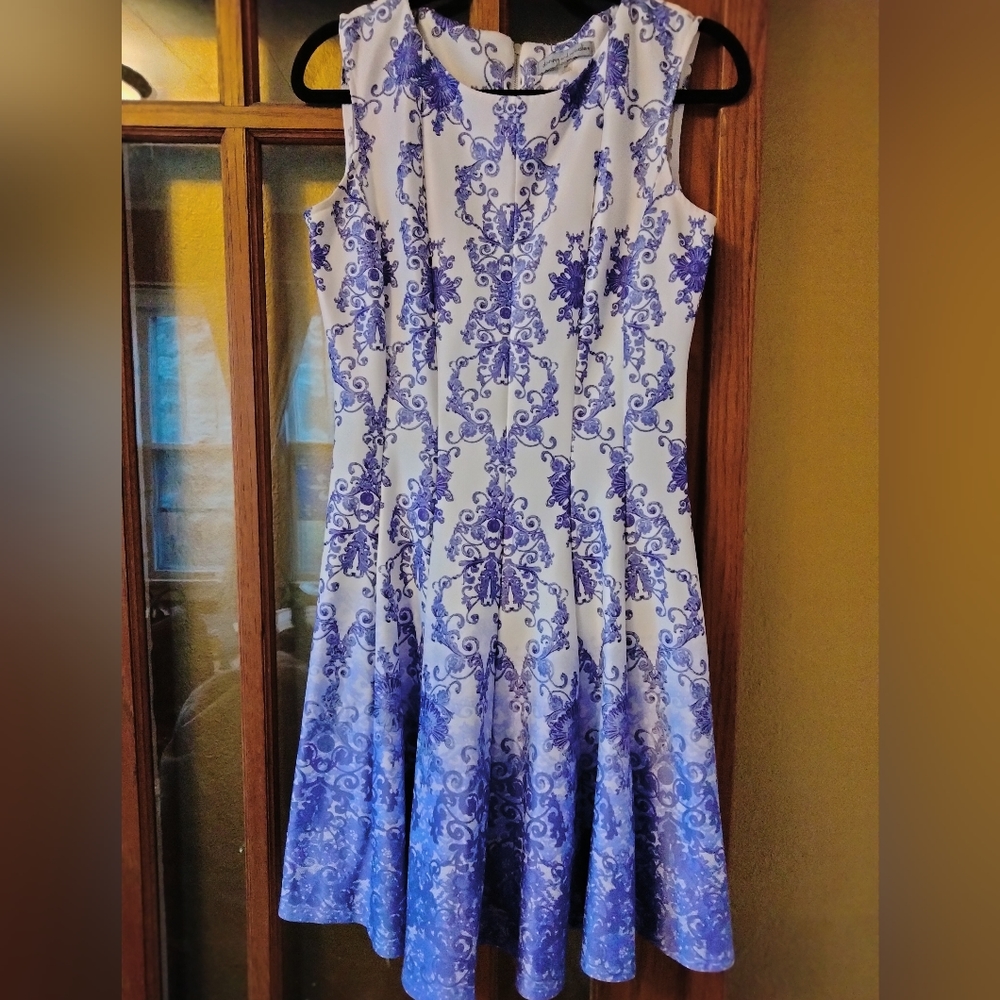 Beautiful blue and white print fit & flare dress